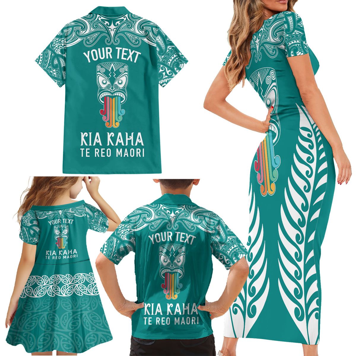 Personalised Kia Kaha Te Reo Maori Family Matching Short Sleeve Bodycon Dress and Hawaiian Shirt Hei Tiki Mix Koru - Teal LT7 - Polynesian Pride