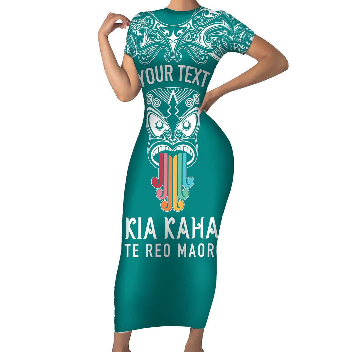 Personalised Kia Kaha Te Reo Maori Family Matching Short Sleeve Bodycon Dress and Hawaiian Shirt Hei Tiki Mix Koru - Teal LT7 Mom's Dress Teal - Polynesian Pride