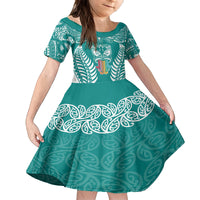 Personalised Kia Kaha Te Reo Maori Family Matching Summer Maxi Dress and Hawaiian Shirt Hei Tiki Mix Koru - Teal LT7 Daughter's Dress Teal - Polynesian Pride