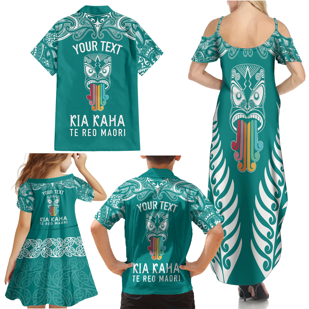 Personalised Kia Kaha Te Reo Maori Family Matching Summer Maxi Dress and Hawaiian Shirt Hei Tiki Mix Koru - Teal LT7 - Polynesian Pride