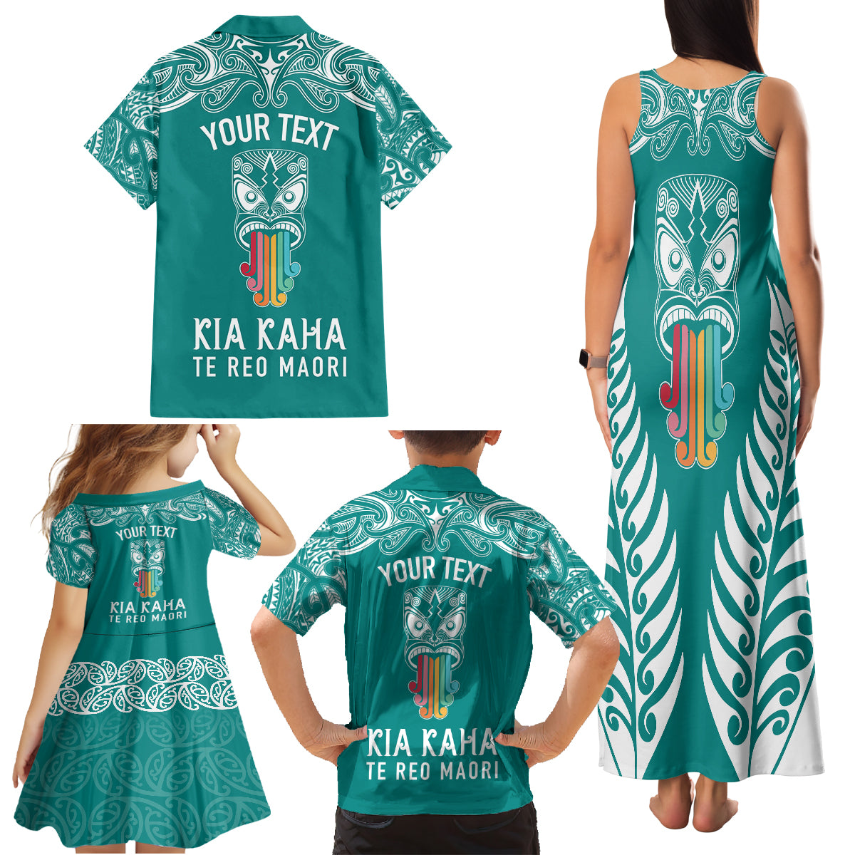 Personalised Kia Kaha Te Reo Maori Family Matching Tank Maxi Dress and Hawaiian Shirt Hei Tiki Mix Koru - Teal LT7 - Polynesian Pride