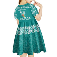 Personalised Kia Kaha Te Reo Maori Kid Short Sleeve Dress Hei Tiki Mix Koru - Teal LT7 - Polynesian Pride