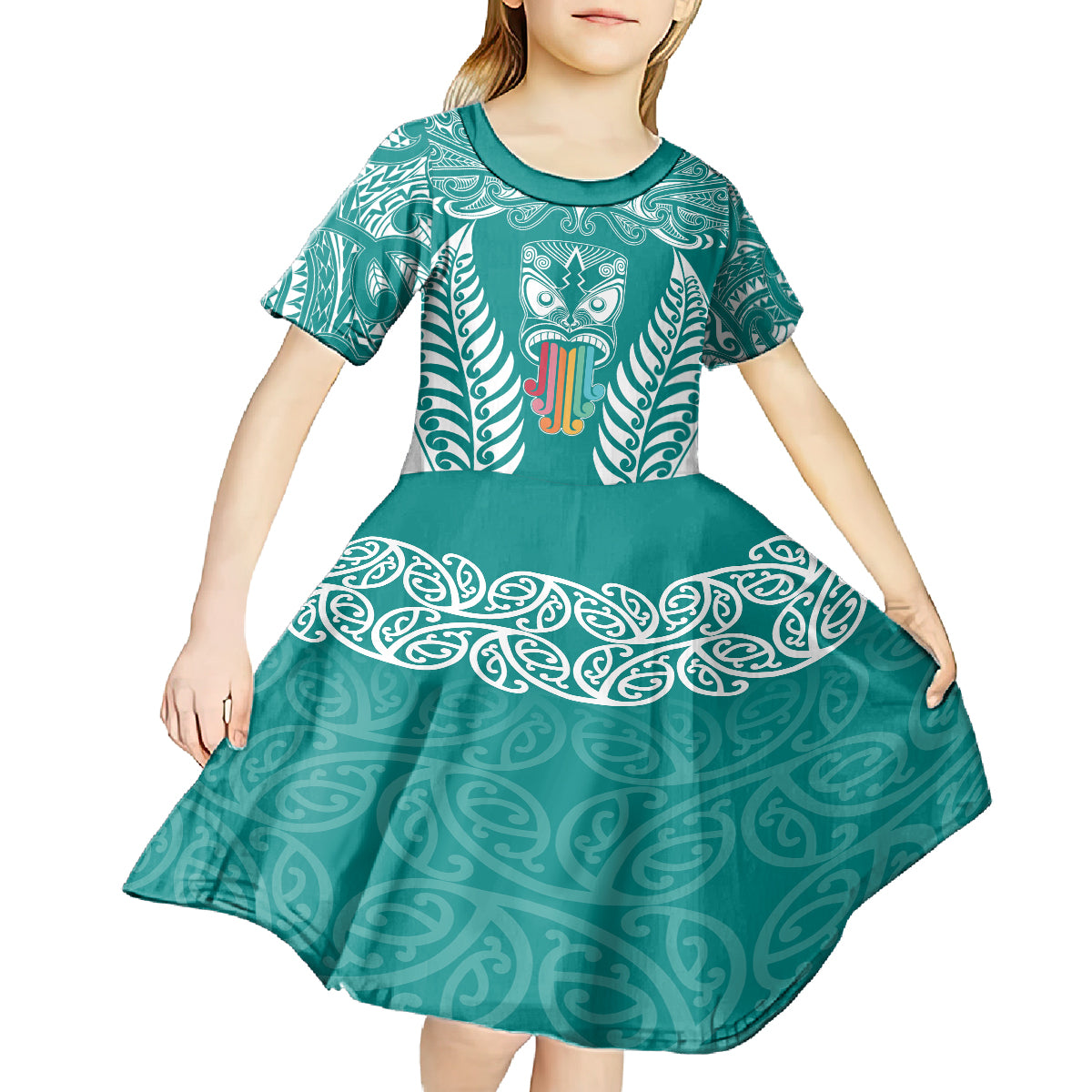 Personalised Kia Kaha Te Reo Maori Kid Short Sleeve Dress Hei Tiki Mix Koru - Teal LT7 - Polynesian Pride
