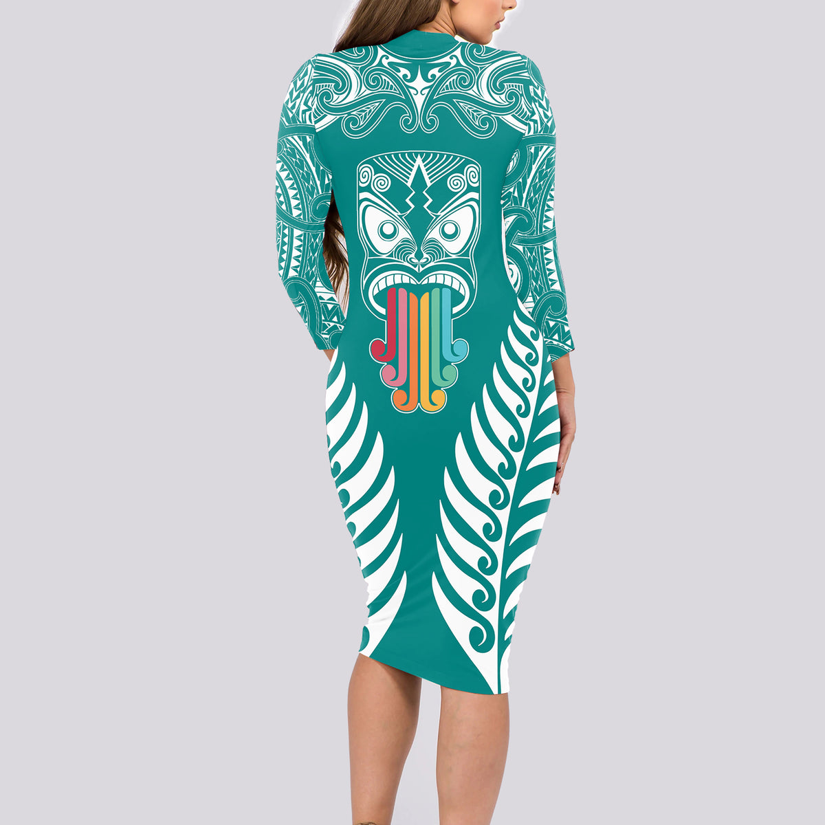Personalised Kia Kaha Te Reo Maori Long Sleeve Bodycon Dress Hei Tiki Mix Koru - Teal LT7 - Polynesian Pride
