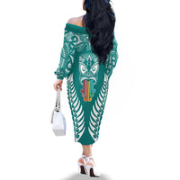 Personalised Kia Kaha Te Reo Maori Off The Shoulder Long Sleeve Dress Hei Tiki Mix Koru - Teal LT7 - Polynesian Pride