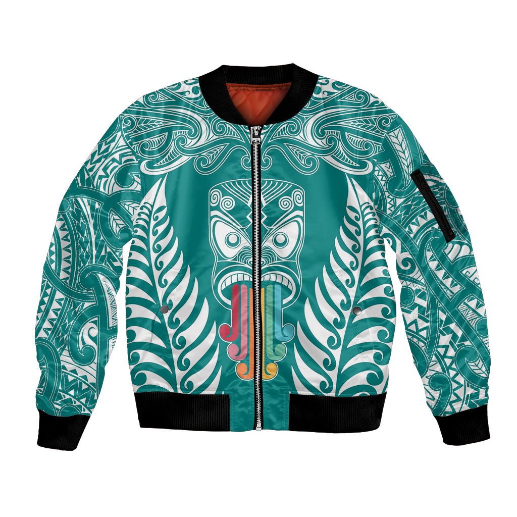Personalised Kia Kaha Te Reo Maori Sleeve Zip Bomber Jacket Hei Tiki Mix Koru - Teal LT7 Unisex Teal - Polynesian Pride