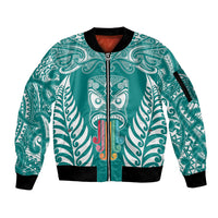 Personalised Kia Kaha Te Reo Maori Sleeve Zip Bomber Jacket Hei Tiki Mix Koru - Teal LT7 Unisex Teal - Polynesian Pride