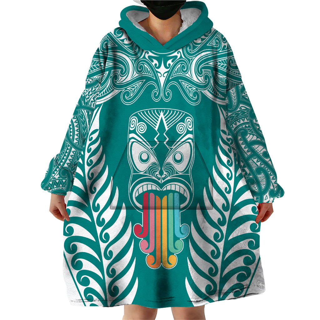 Personalised Kia Kaha Te Reo Maori Wearable Blanket Hoodie Hei Tiki Mix Koru - Teal LT7 - Polynesian Pride