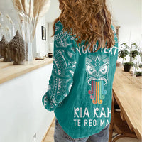 personalised-kia-kaha-te-reo-maori-women-casual-shirt-hei-tiki-mix-koru-teal