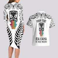 Personalised Kia Kaha Te Reo Maori Couples Matching Long Sleeve Bodycon Dress and Hawaiian Shirt Hei Tiki Mix Koru - White LT7 - Polynesian Pride