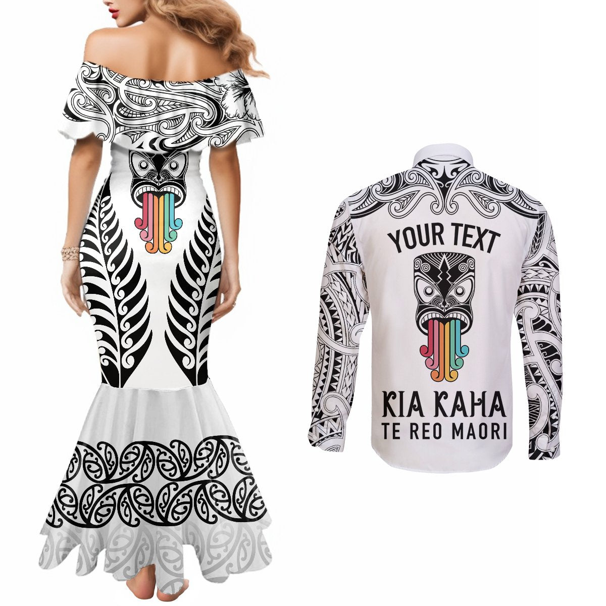 Personalised Kia Kaha Te Reo Maori Couples Matching Mermaid Dress and Long Sleeve Button Shirts Hei Tiki Mix Koru - White LT7 - Polynesian Pride