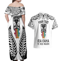 Personalised Kia Kaha Te Reo Maori Couples Matching Off Shoulder Maxi Dress and Hawaiian Shirt Hei Tiki Mix Koru - White LT7 - Polynesian Pride