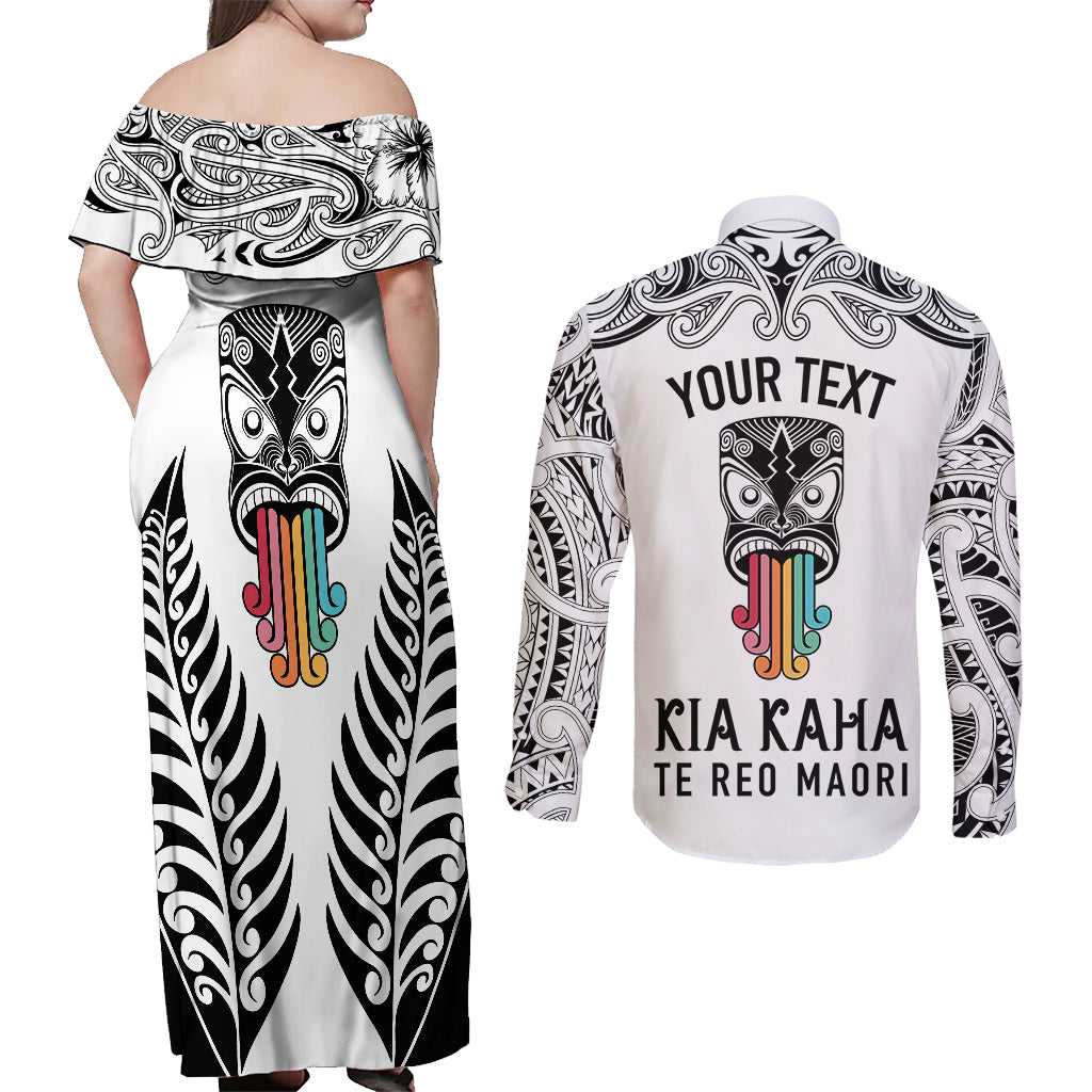 Personalised Kia Kaha Te Reo Maori Couples Matching Off Shoulder Maxi Dress and Long Sleeve Button Shirts Hei Tiki Mix Koru - White LT7 - Polynesian Pride