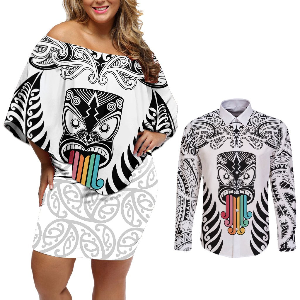 personalised-kia-kaha-te-reo-maori-couples-matching-off-shoulder-short-dress-and-long-sleeve-button-shirts-hei-tiki-mix-koru-white