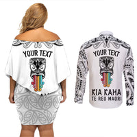 Personalised Kia Kaha Te Reo Maori Couples Matching Off Shoulder Short Dress and Long Sleeve Button Shirts Hei Tiki Mix Koru - White LT7 - Polynesian Pride