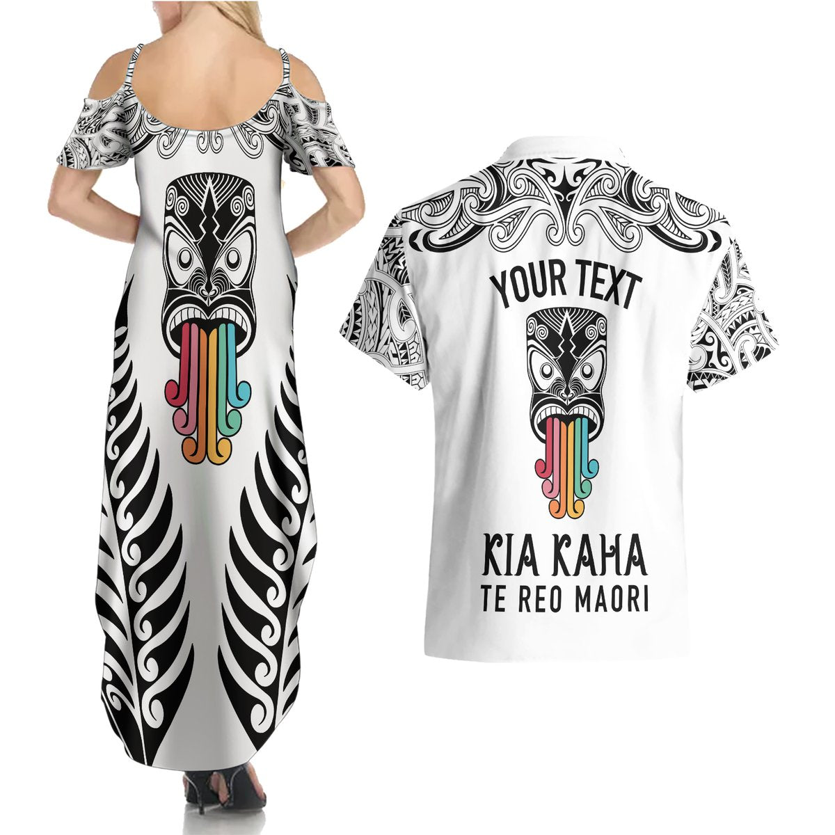 Personalised Kia Kaha Te Reo Maori Couples Matching Summer Maxi Dress and Hawaiian Shirt Hei Tiki Mix Koru - White LT7 - Polynesian Pride