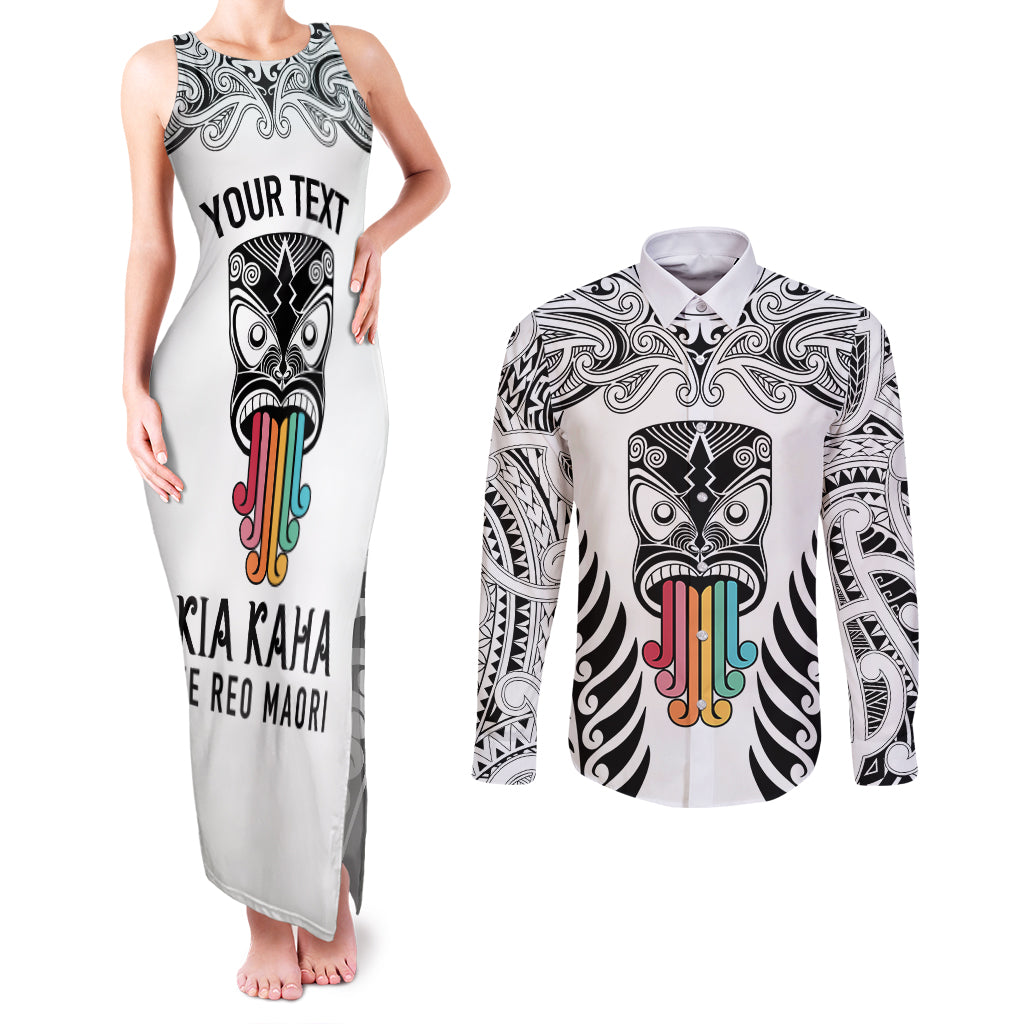 Personalised Kia Kaha Te Reo Maori Couples Matching Tank Maxi Dress and Long Sleeve Button Shirts Hei Tiki Mix Koru - White LT7 White - Polynesian Pride