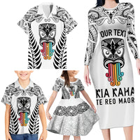 Personalised Kia Kaha Te Reo Maori Family Matching Long Sleeve Bodycon Dress and Hawaiian Shirt Hei Tiki Mix Koru - White LT7 - Polynesian Pride