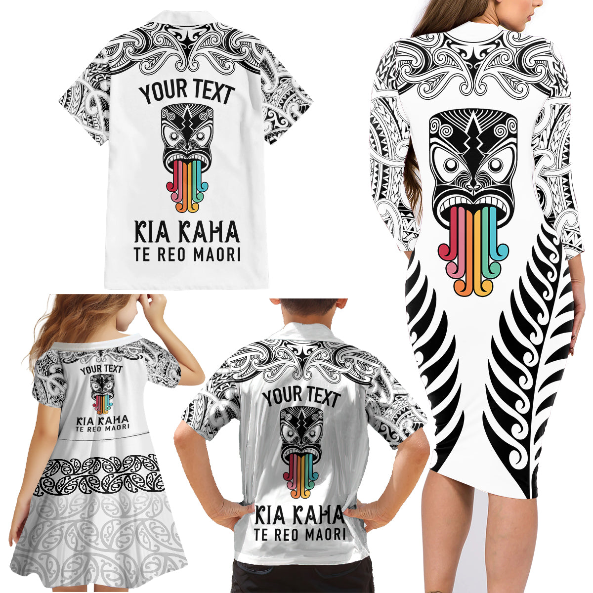 Personalised Kia Kaha Te Reo Maori Family Matching Long Sleeve Bodycon Dress and Hawaiian Shirt Hei Tiki Mix Koru - White LT7 - Polynesian Pride