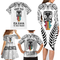 Personalised Kia Kaha Te Reo Maori Family Matching Long Sleeve Bodycon Dress and Hawaiian Shirt Hei Tiki Mix Koru - White LT7 - Polynesian Pride