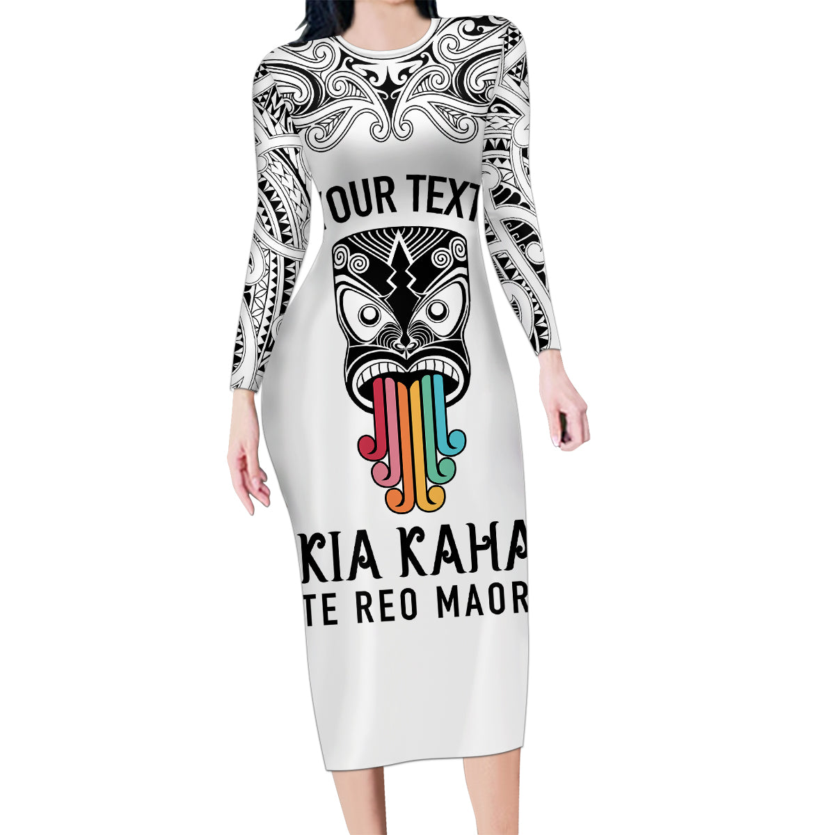 Personalised Kia Kaha Te Reo Maori Family Matching Long Sleeve Bodycon Dress and Hawaiian Shirt Hei Tiki Mix Koru - White LT7 Mom's Dress White - Polynesian Pride