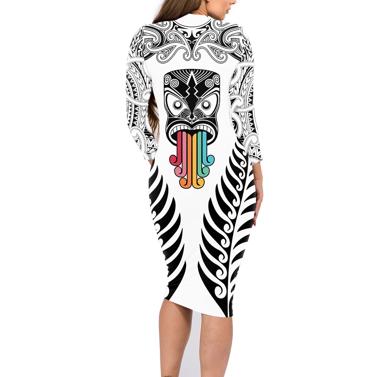Personalised Kia Kaha Te Reo Maori Family Matching Long Sleeve Bodycon Dress and Hawaiian Shirt Hei Tiki Mix Koru - White LT7 - Polynesian Pride