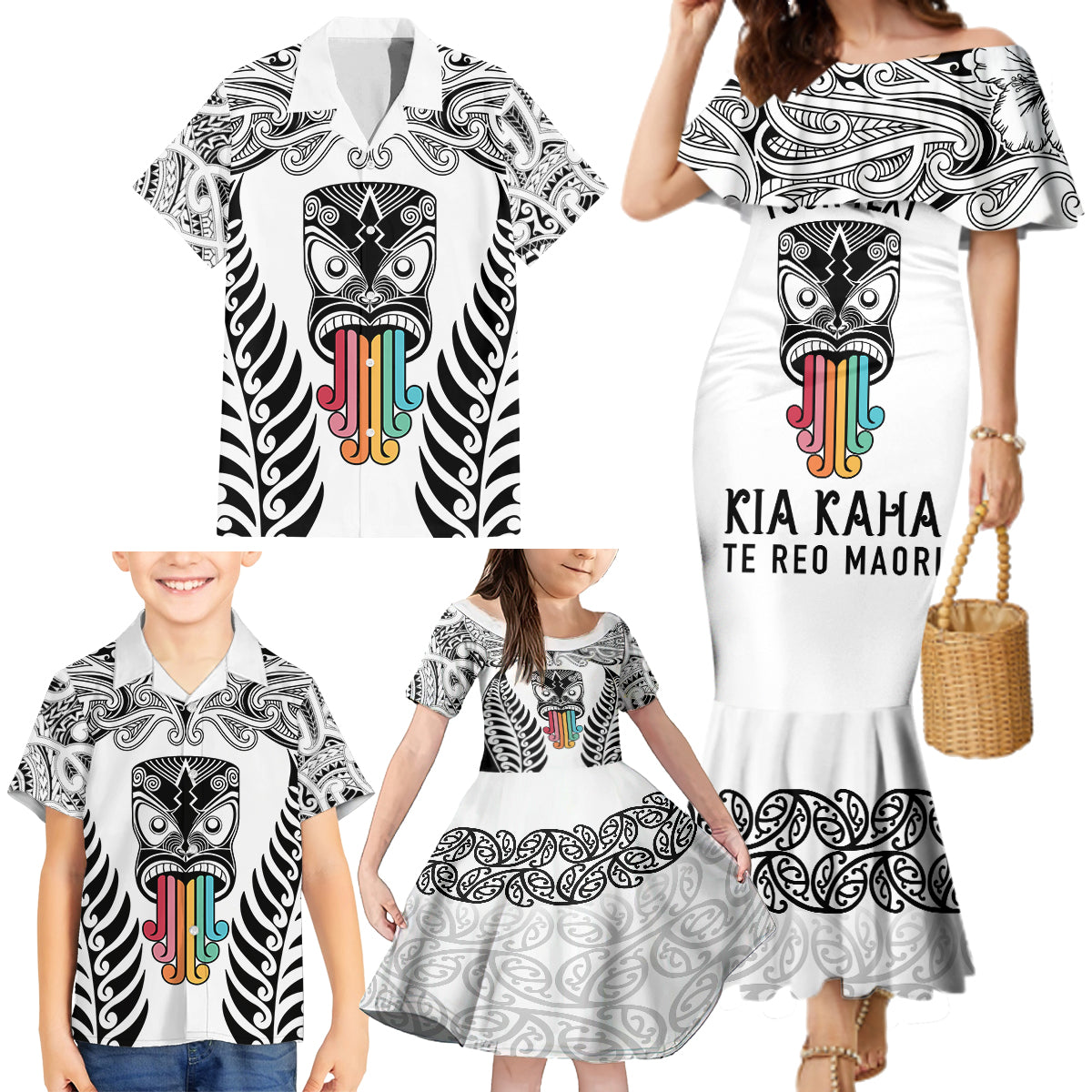 Personalised Kia Kaha Te Reo Maori Family Matching Mermaid Dress and Hawaiian Shirt Hei Tiki Mix Koru - White LT7 - Polynesian Pride