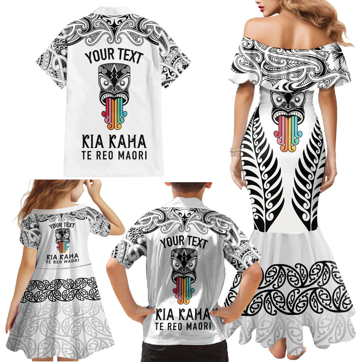 Personalised Kia Kaha Te Reo Maori Family Matching Mermaid Dress and Hawaiian Shirt Hei Tiki Mix Koru - White LT7 - Polynesian Pride