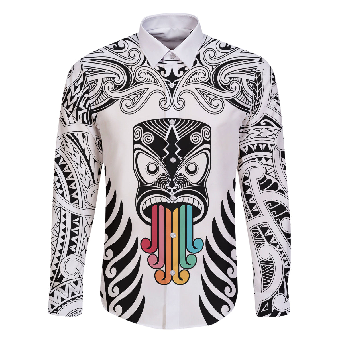 Personalised Kia Kaha Te Reo Maori Family Matching Mermaid Dress and Hawaiian Shirt Hei Tiki Mix Koru - White LT7 Dad's Shirt - Long Sleeve White - Polynesian Pride
