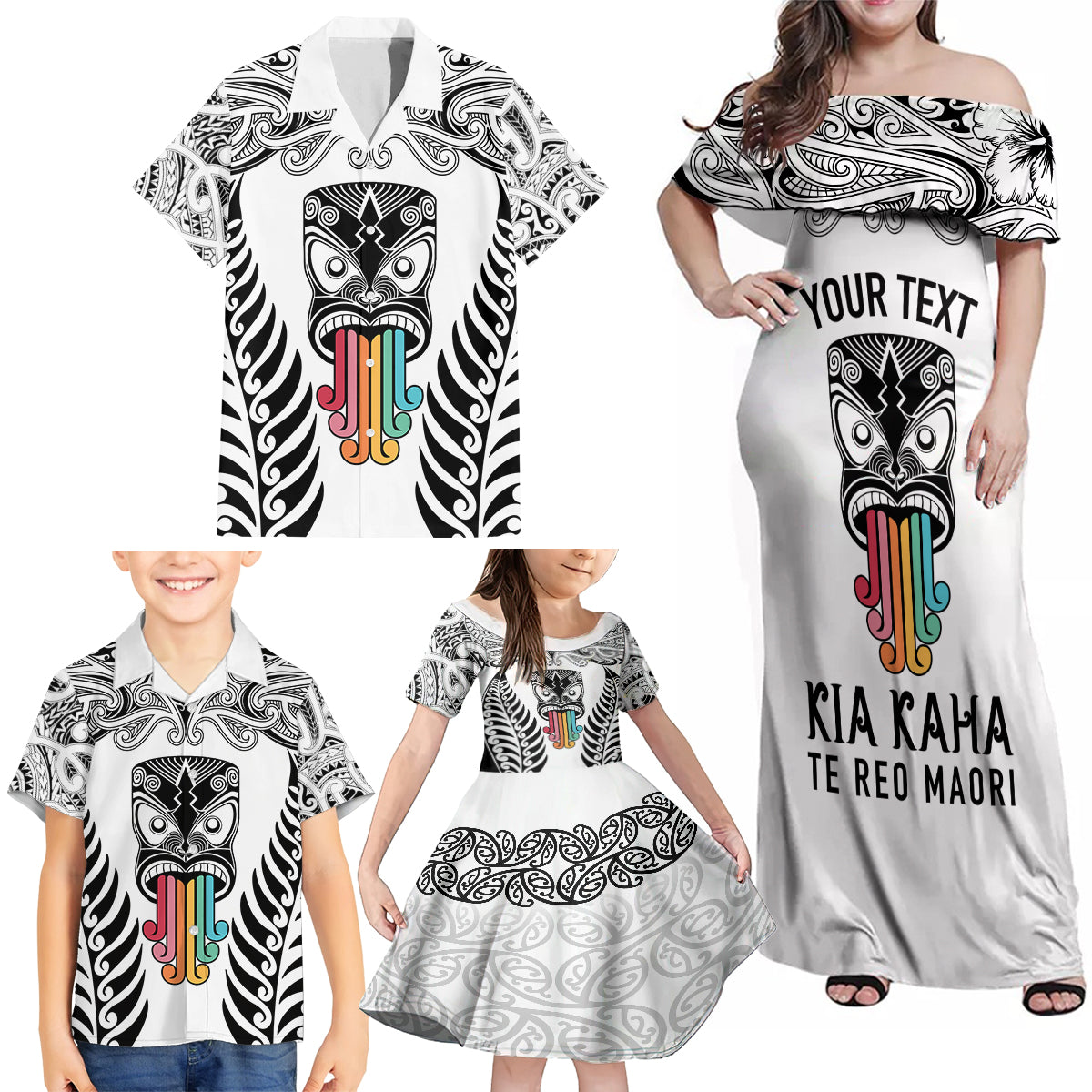 Personalised Kia Kaha Te Reo Maori Family Matching Off Shoulder Maxi Dress and Hawaiian Shirt Hei Tiki Mix Koru - White LT7 - Polynesian Pride
