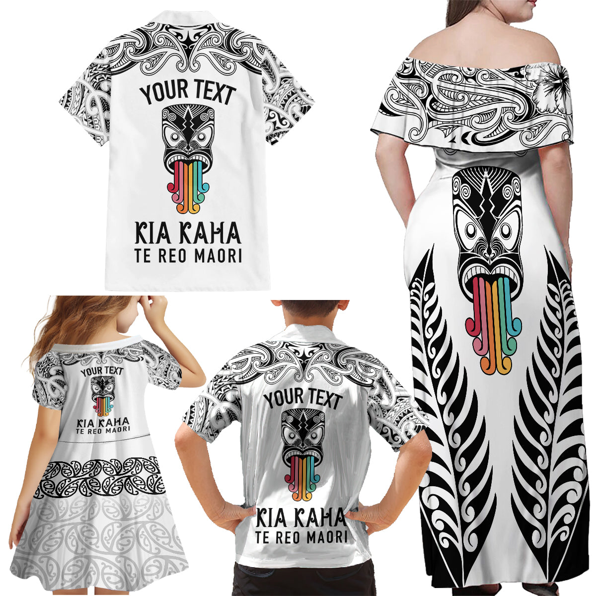 Personalised Kia Kaha Te Reo Maori Family Matching Off Shoulder Maxi Dress and Hawaiian Shirt Hei Tiki Mix Koru - White LT7 - Polynesian Pride