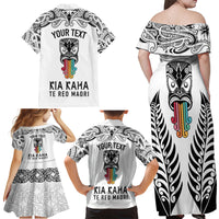 Personalised Kia Kaha Te Reo Maori Family Matching Off Shoulder Maxi Dress and Hawaiian Shirt Hei Tiki Mix Koru - White LT7 - Polynesian Pride