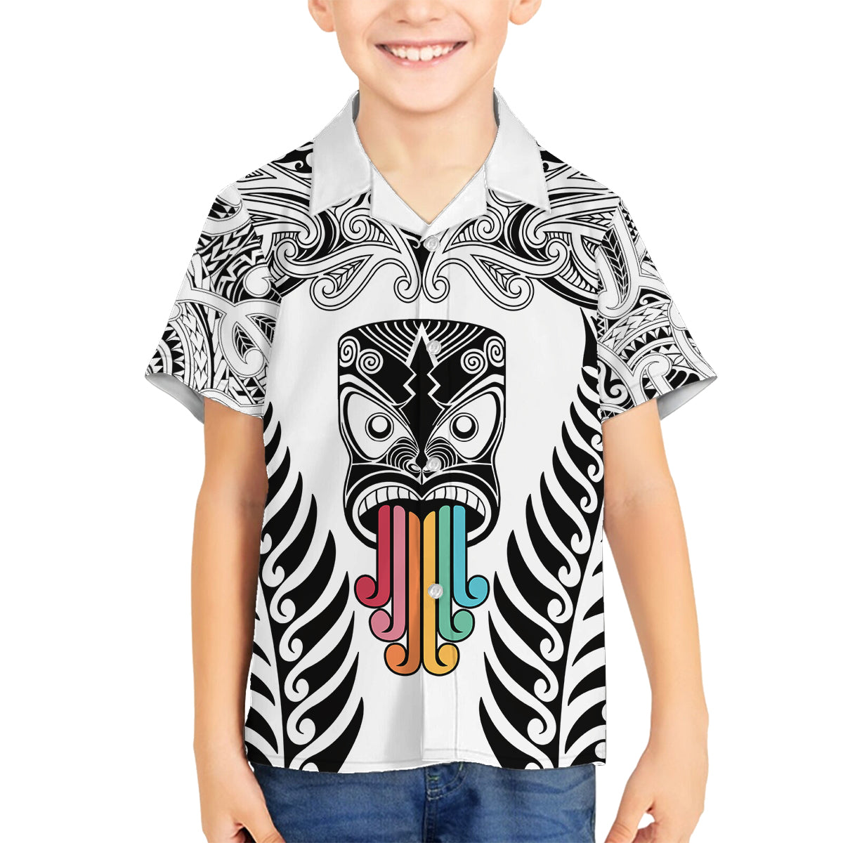 Personalised Kia Kaha Te Reo Maori Family Matching Off Shoulder Maxi Dress and Hawaiian Shirt Hei Tiki Mix Koru - White LT7 Son's Shirt White - Polynesian Pride