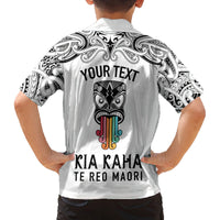 Personalised Kia Kaha Te Reo Maori Family Matching Off Shoulder Short Dress and Hawaiian Shirt Hei Tiki Mix Koru - White LT7 - Polynesian Pride
