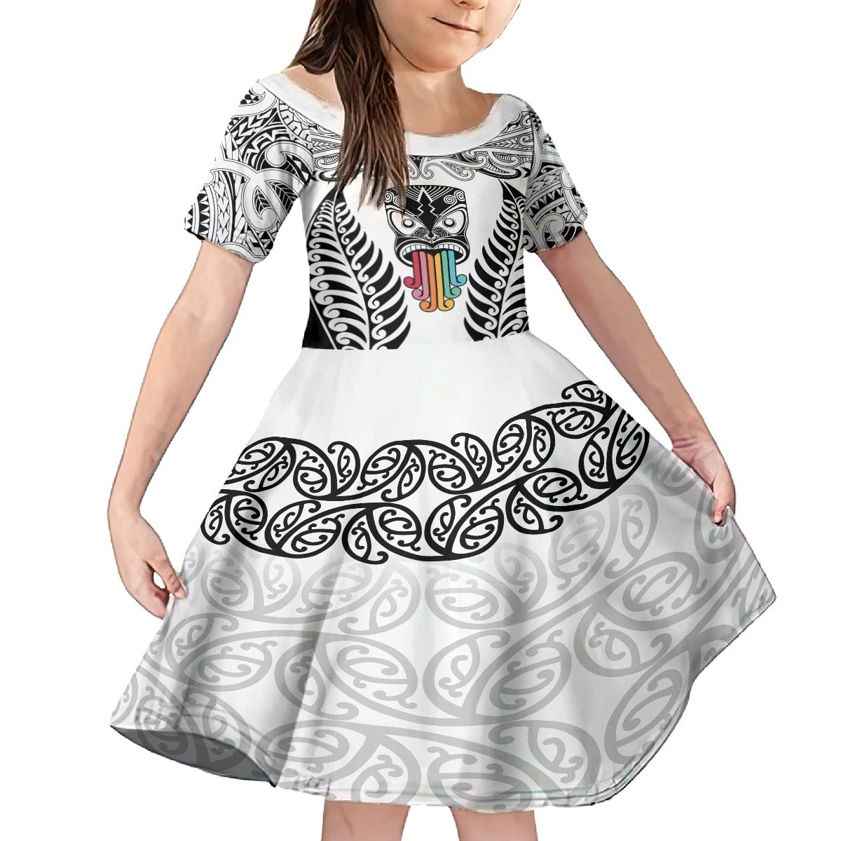 Personalised Kia Kaha Te Reo Maori Family Matching Summer Maxi Dress and Hawaiian Shirt Hei Tiki Mix Koru - White LT7 Daughter's Dress White - Polynesian Pride