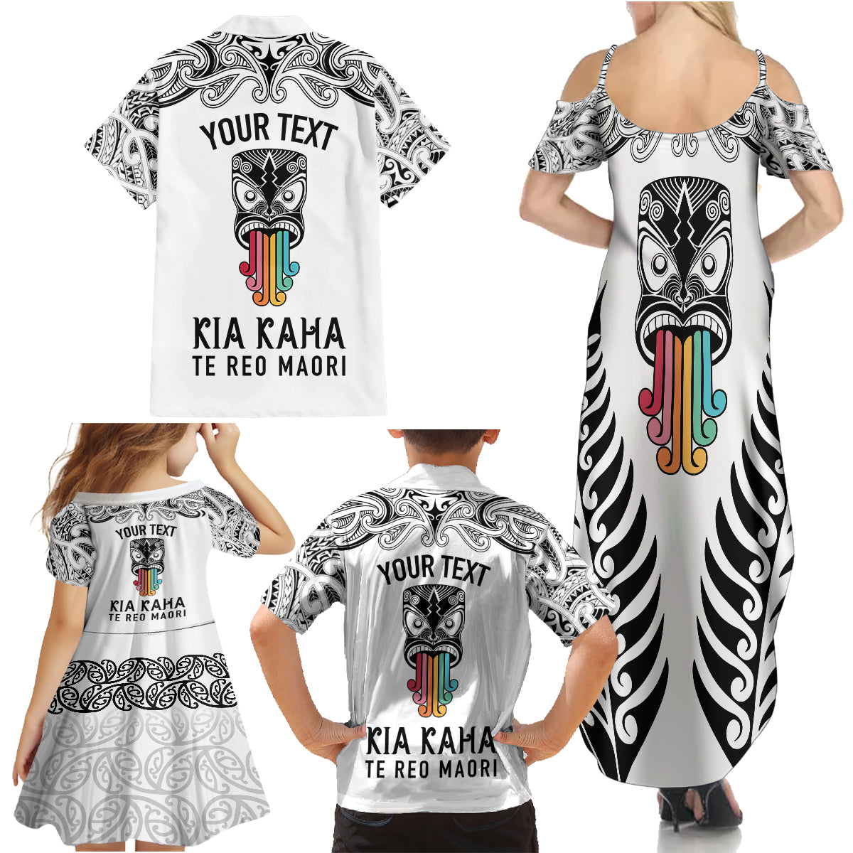 Personalised Kia Kaha Te Reo Maori Family Matching Summer Maxi Dress and Hawaiian Shirt Hei Tiki Mix Koru - White LT7 - Polynesian Pride