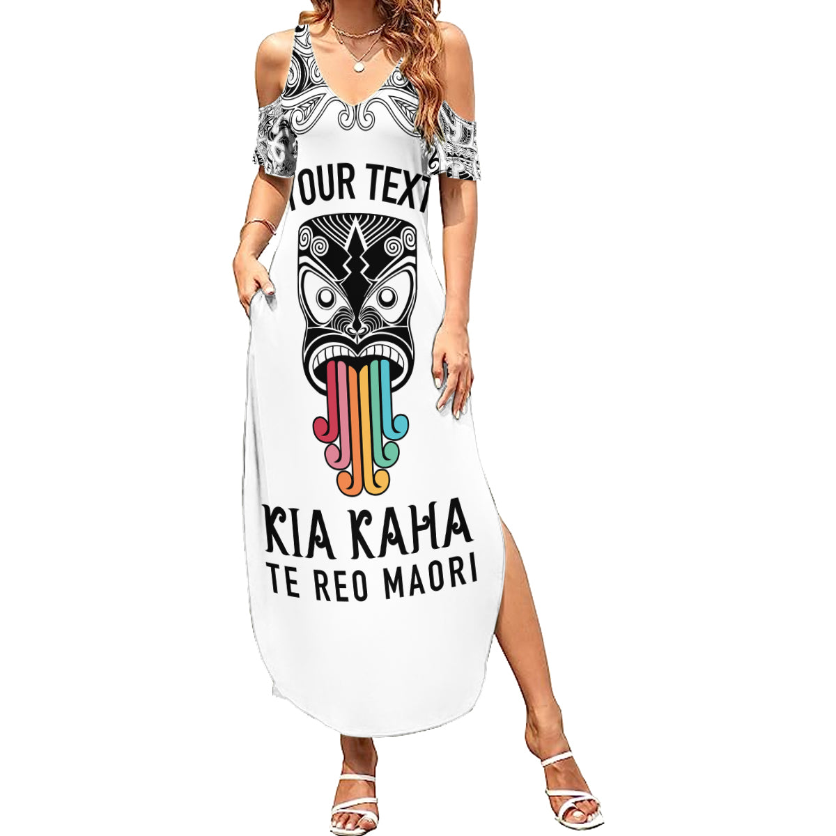 Personalised Kia Kaha Te Reo Maori Family Matching Summer Maxi Dress and Hawaiian Shirt Hei Tiki Mix Koru - White LT7 Mom's Dress White - Polynesian Pride