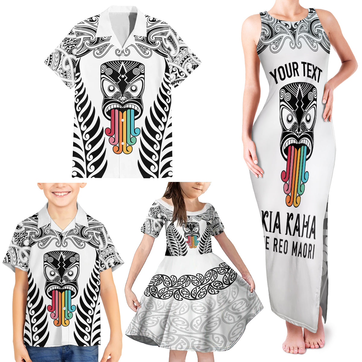 Personalised Kia Kaha Te Reo Maori Family Matching Tank Maxi Dress and Hawaiian Shirt Hei Tiki Mix Koru - White LT7 - Polynesian Pride