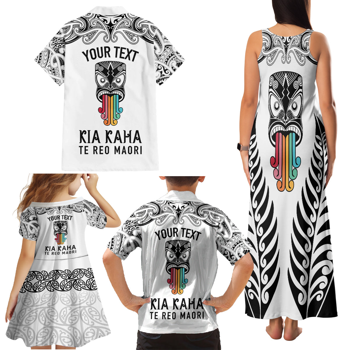 Personalised Kia Kaha Te Reo Maori Family Matching Tank Maxi Dress and Hawaiian Shirt Hei Tiki Mix Koru - White LT7 - Polynesian Pride