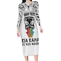 Personalised Kia Kaha Te Reo Maori Long Sleeve Bodycon Dress Hei Tiki Mix Koru - White LT7 Long Dress White - Polynesian Pride