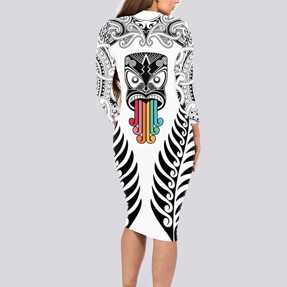 Personalised Kia Kaha Te Reo Maori Long Sleeve Bodycon Dress Hei Tiki Mix Koru - White LT7 - Polynesian Pride