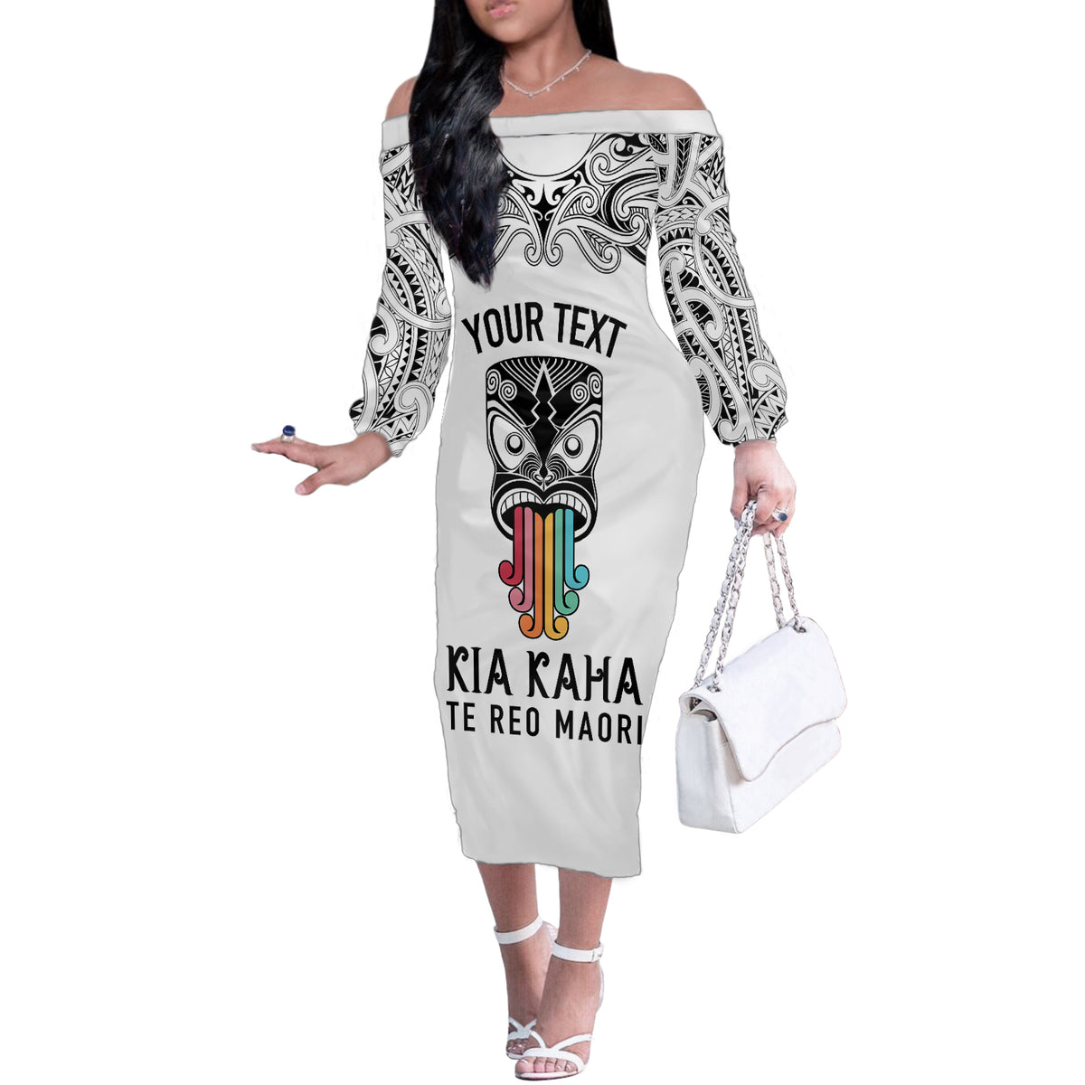 Personalised Kia Kaha Te Reo Maori Off The Shoulder Long Sleeve Dress Hei Tiki Mix Koru - White LT7 Women White - Polynesian Pride