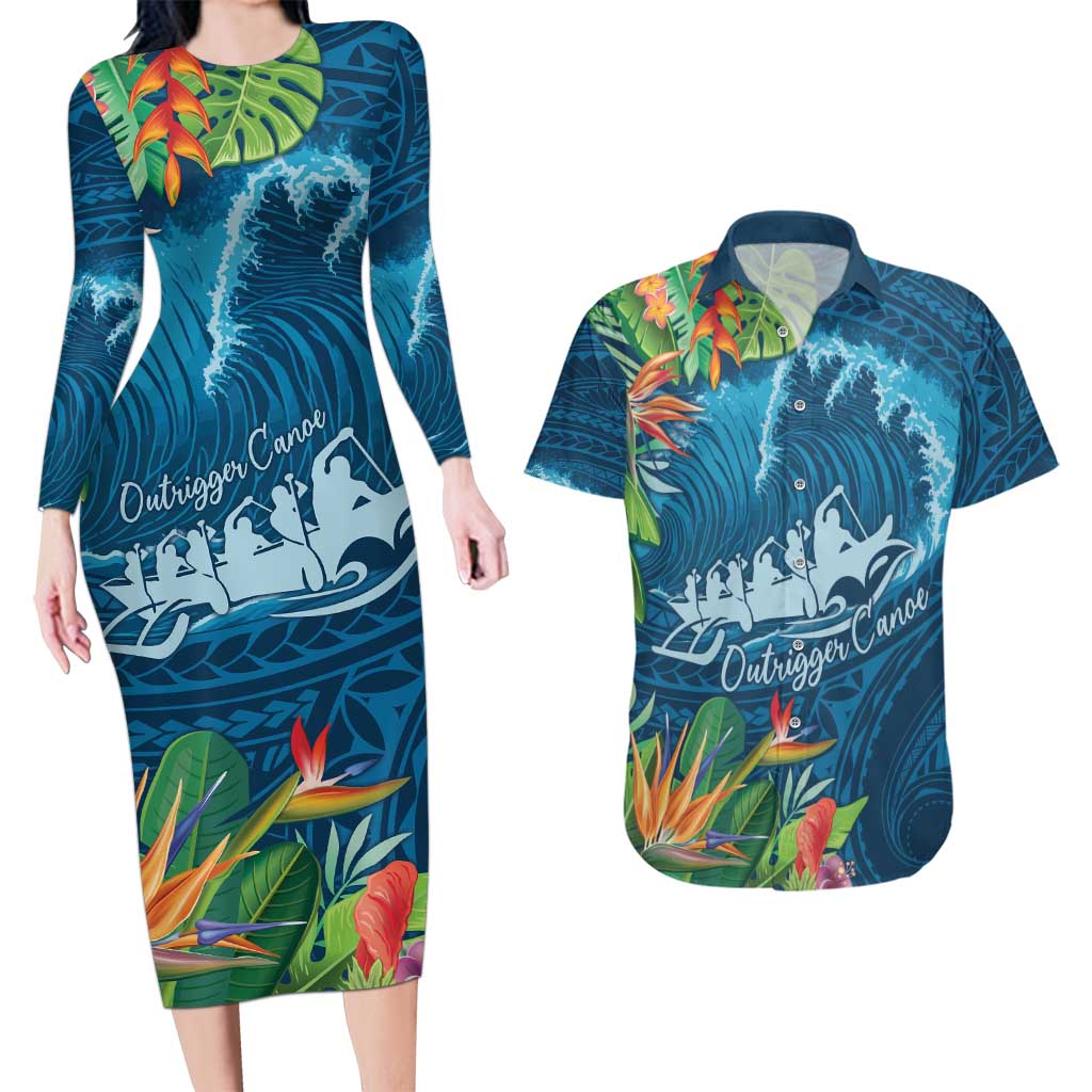 Outrigger Canoe Blue Couples Matching Long Sleeve Bodycon Dress and Hawaiian Shirt On The Waves LT7 Blue - Polynesian Pride