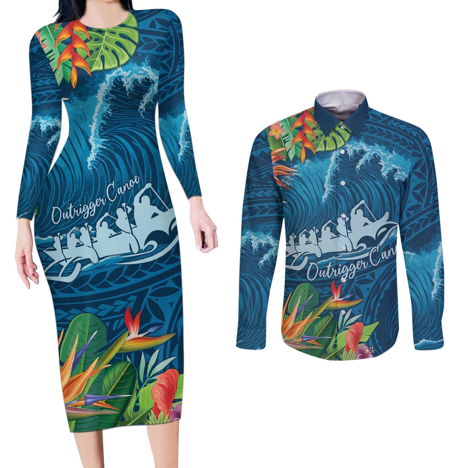 Outrigger Canoe Blue Couples Matching Long Sleeve Bodycon Dress and Long Sleeve Button Shirt On The Waves LT7 Blue - Polynesian Pride