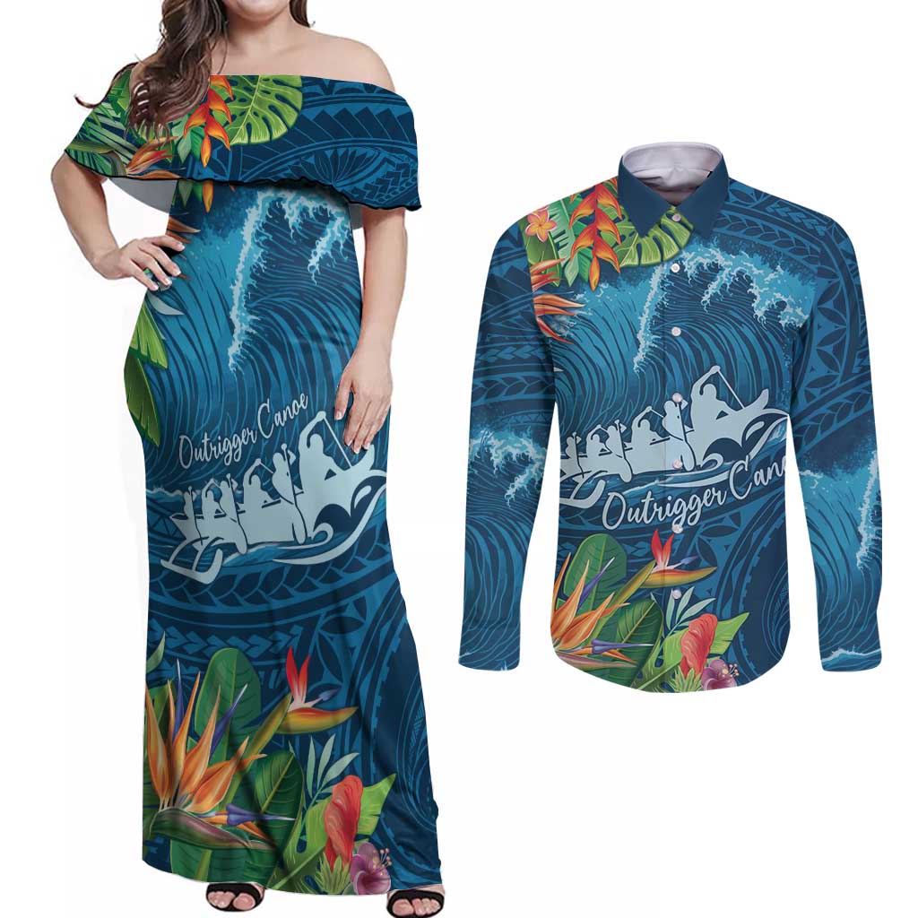 Outrigger Canoe Blue Couples Matching Off Shoulder Maxi Dress and Long Sleeve Button Shirt On The Waves LT7 Blue - Polynesian Pride