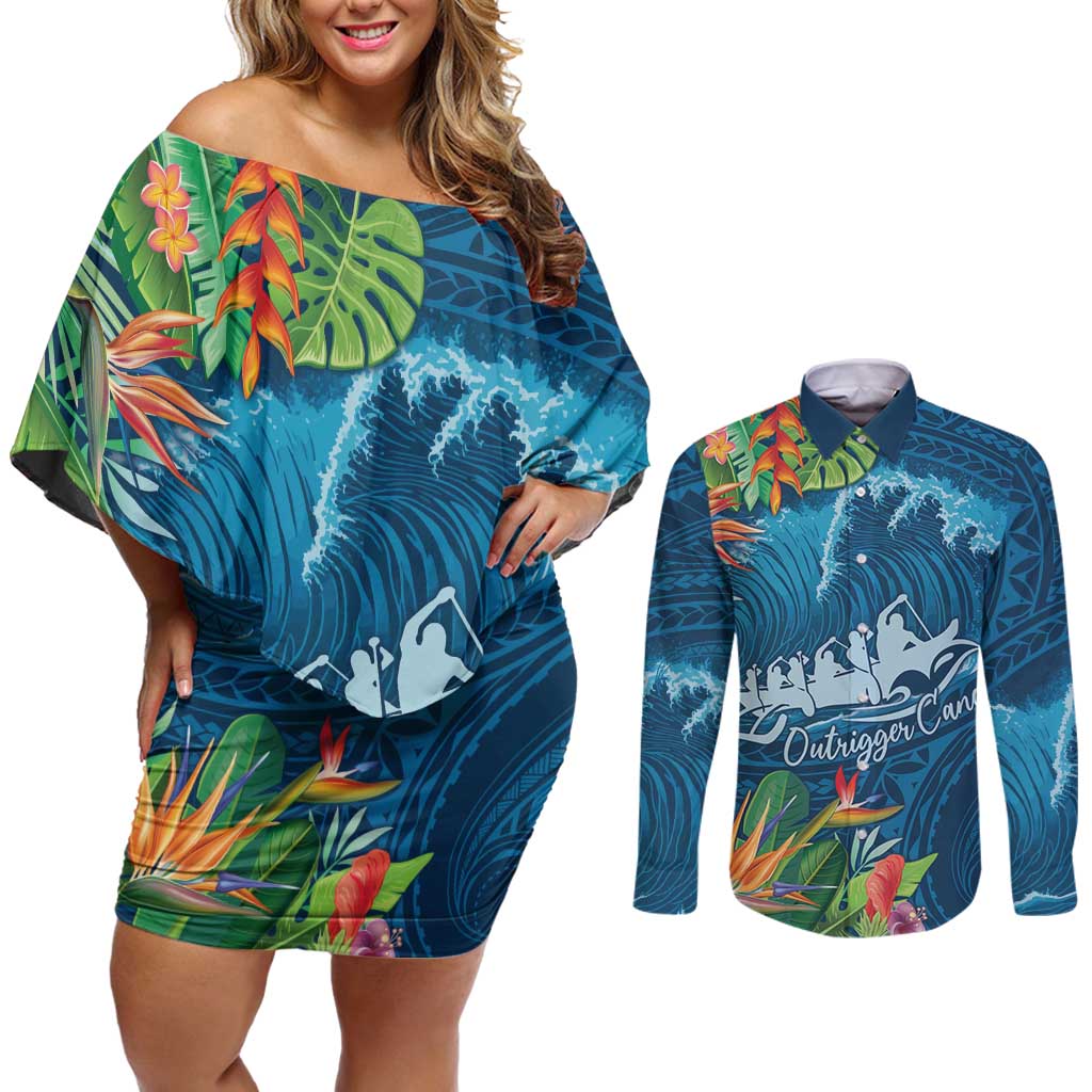 Outrigger Canoe Blue Couples Matching Off Shoulder Short Dress and Long Sleeve Button Shirt On The Waves LT7 Blue - Polynesian Pride