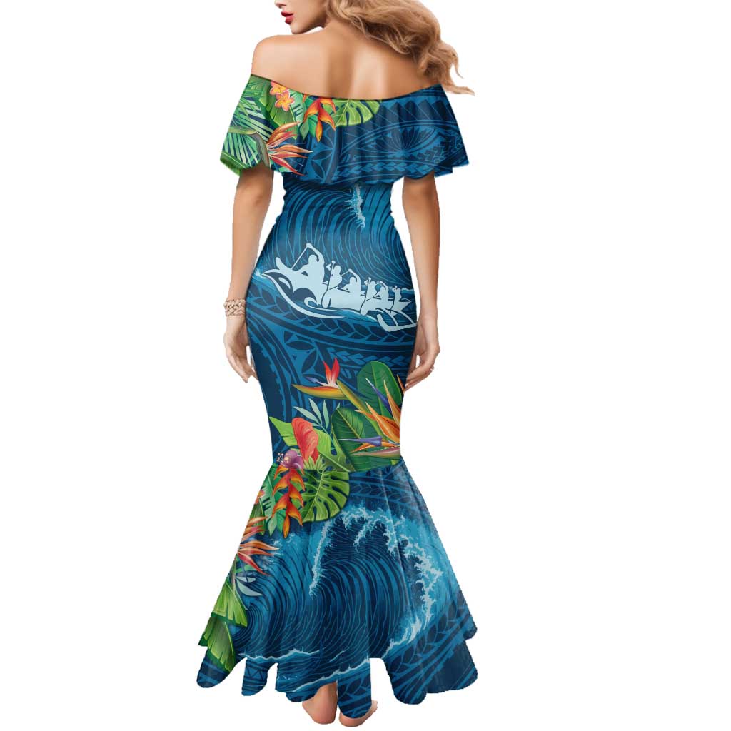 Outrigger Canoe Blue Family Matching Mermaid Dress and Hawaiian Shirt On The Waves LT7 - Polynesian Pride