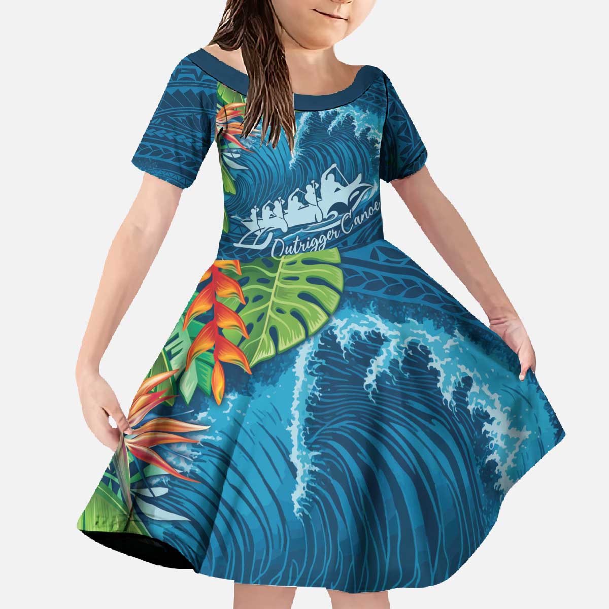 Outrigger Canoe Blue Family Matching Off The Shoulder Long Sleeve Dress and Hawaiian Shirt On The Waves LT7 Daughter's Dress Blue - Polynesian Pride