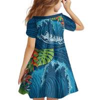 Outrigger Canoe Blue Family Matching Off The Shoulder Long Sleeve Dress and Hawaiian Shirt On The Waves LT7 - Polynesian Pride