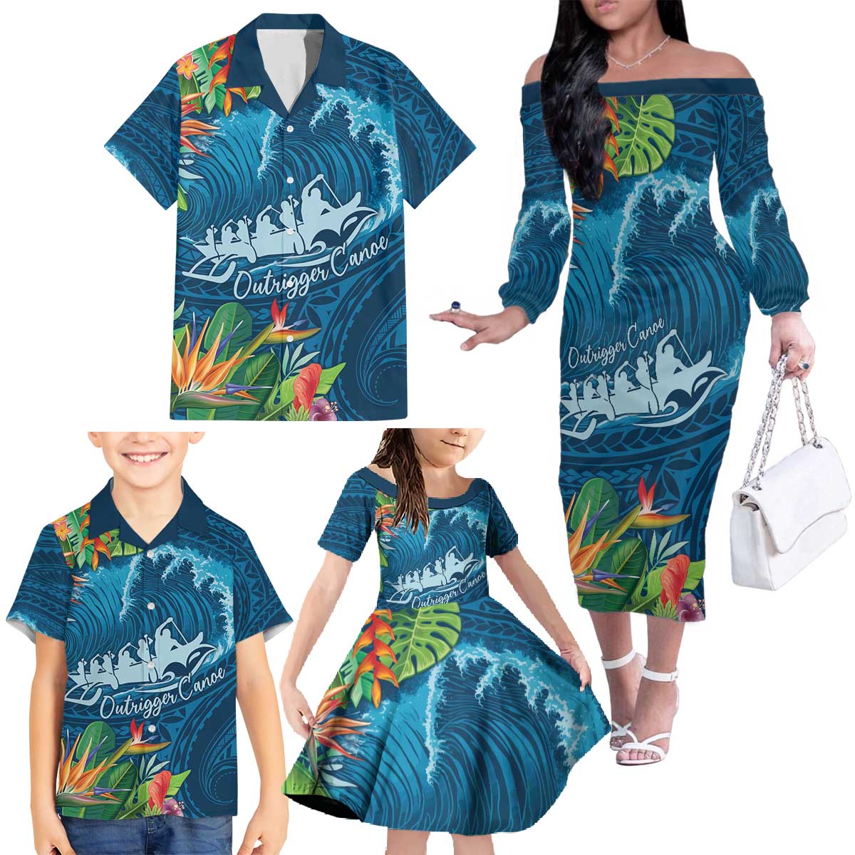 Outrigger Canoe Blue Family Matching Off The Shoulder Long Sleeve Dress and Hawaiian Shirt On The Waves LT7 - Polynesian Pride